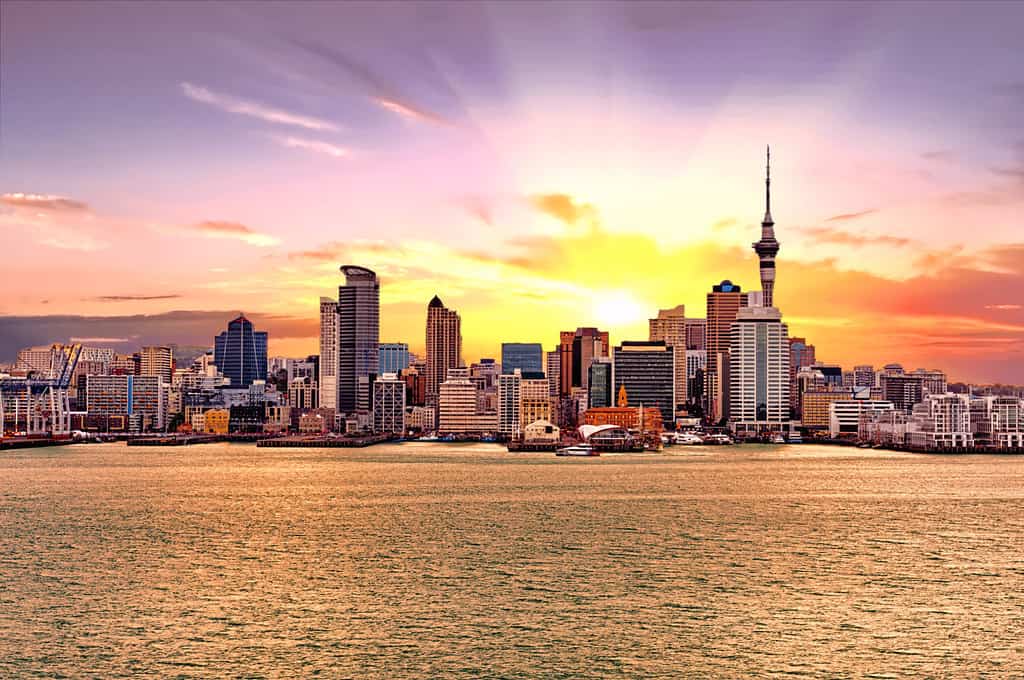Skyline photo of the biggest city in the New Zealand, Auckland. The photo was taken during the golden sunset across the bay