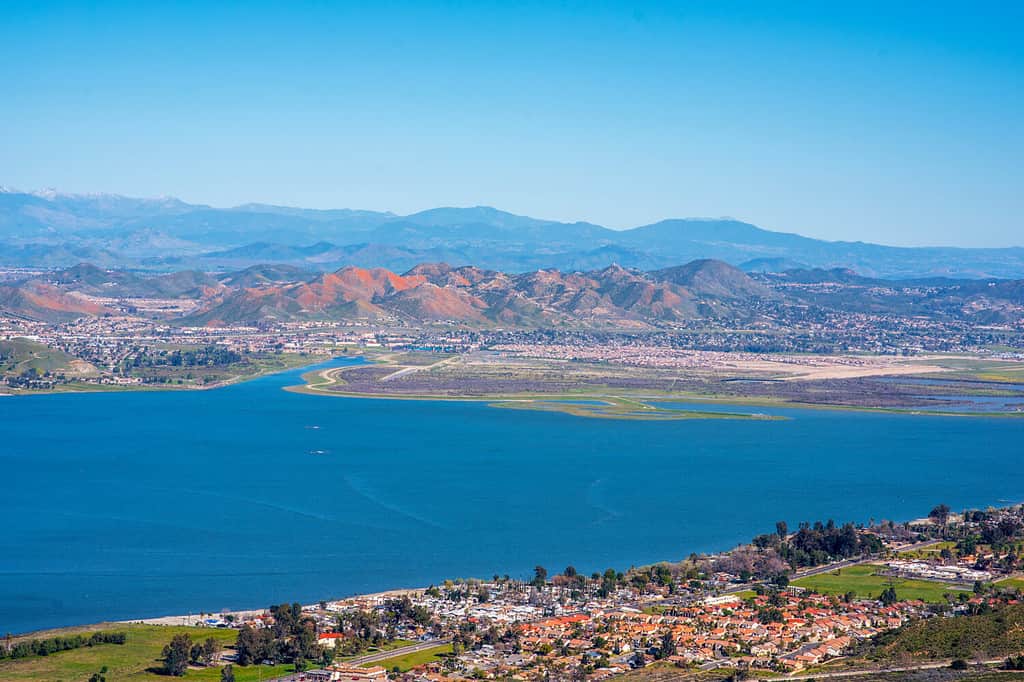 The arial view of the mountains of Lake Elsinore, CA featuring the Super Bloom of California Poppies and wildflowers.