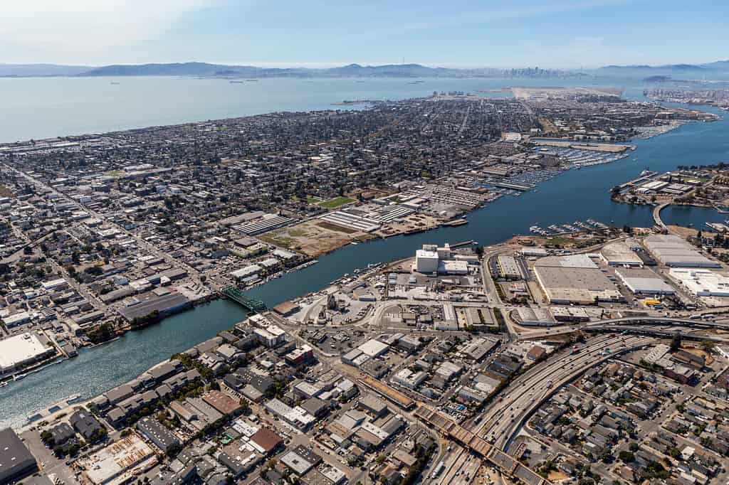 Afternoon aerial view of Alameda Island and the San Francisco Bay in California.