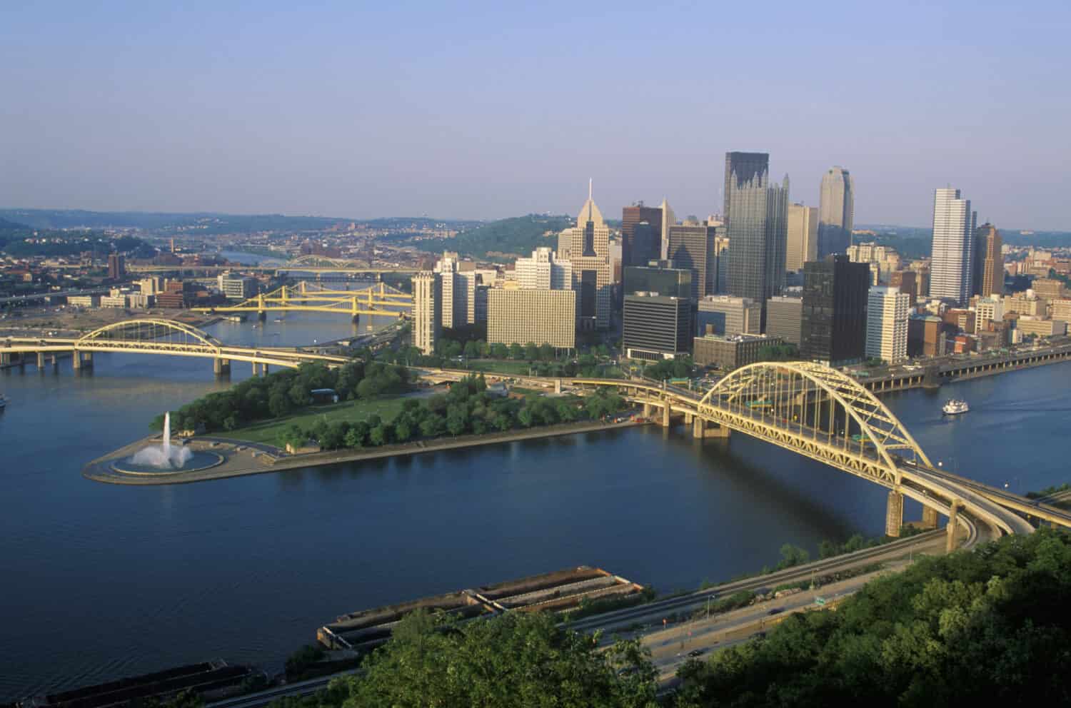Fort Pitt Bridge over Allegheny River with Pittsburgh skyline, PA