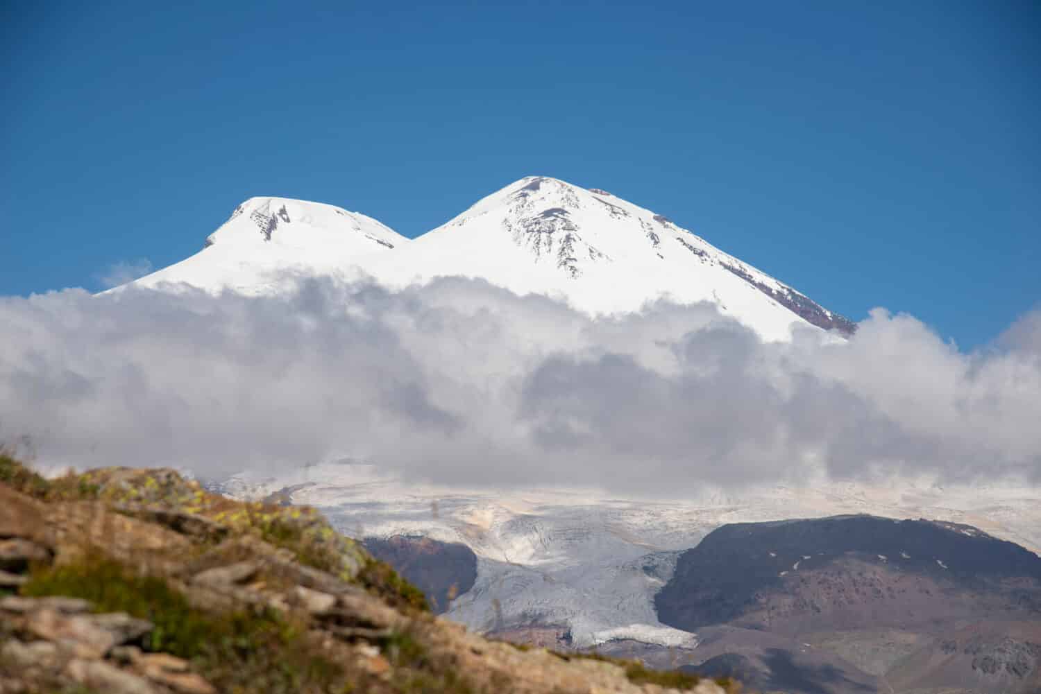 View of Mt Elbrus from Mount Cheget. Caucasus, Russian Federation