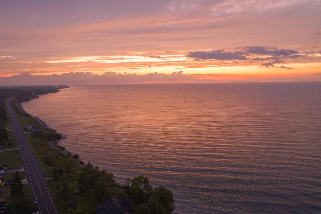 Dramatic Bright Red Sunset Over Lake Erie, Ashtabula Ohio