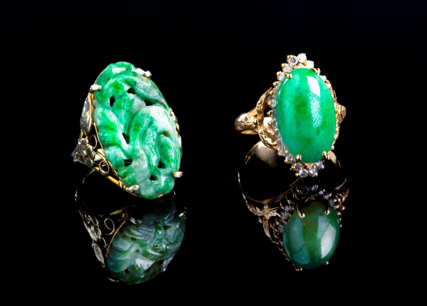 Burmese imperial green jadeite gold rings.