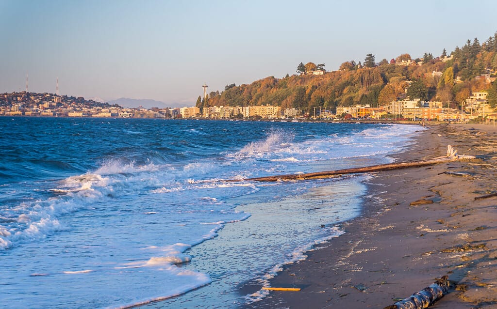 A view of Alki Beach in West Seattle, Washington on a windy day.
