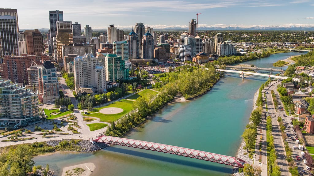 Peace Bridge over Bow River in Calgary, Alberta, Canada