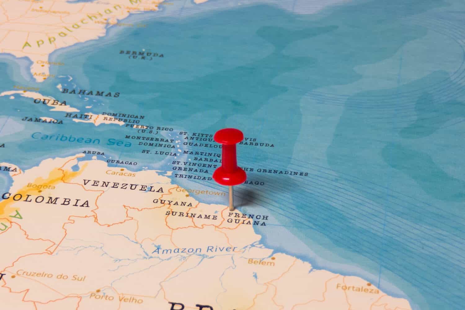 A Red Pin on French Guiana of the World Map