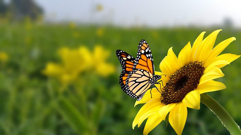 monarch butterfly on flower. Image of a butterfly Monarch on sunflower with blurry background. Nature stock image of a closeup insect. Most beautiful imaging of a wings butterfly on flowers.