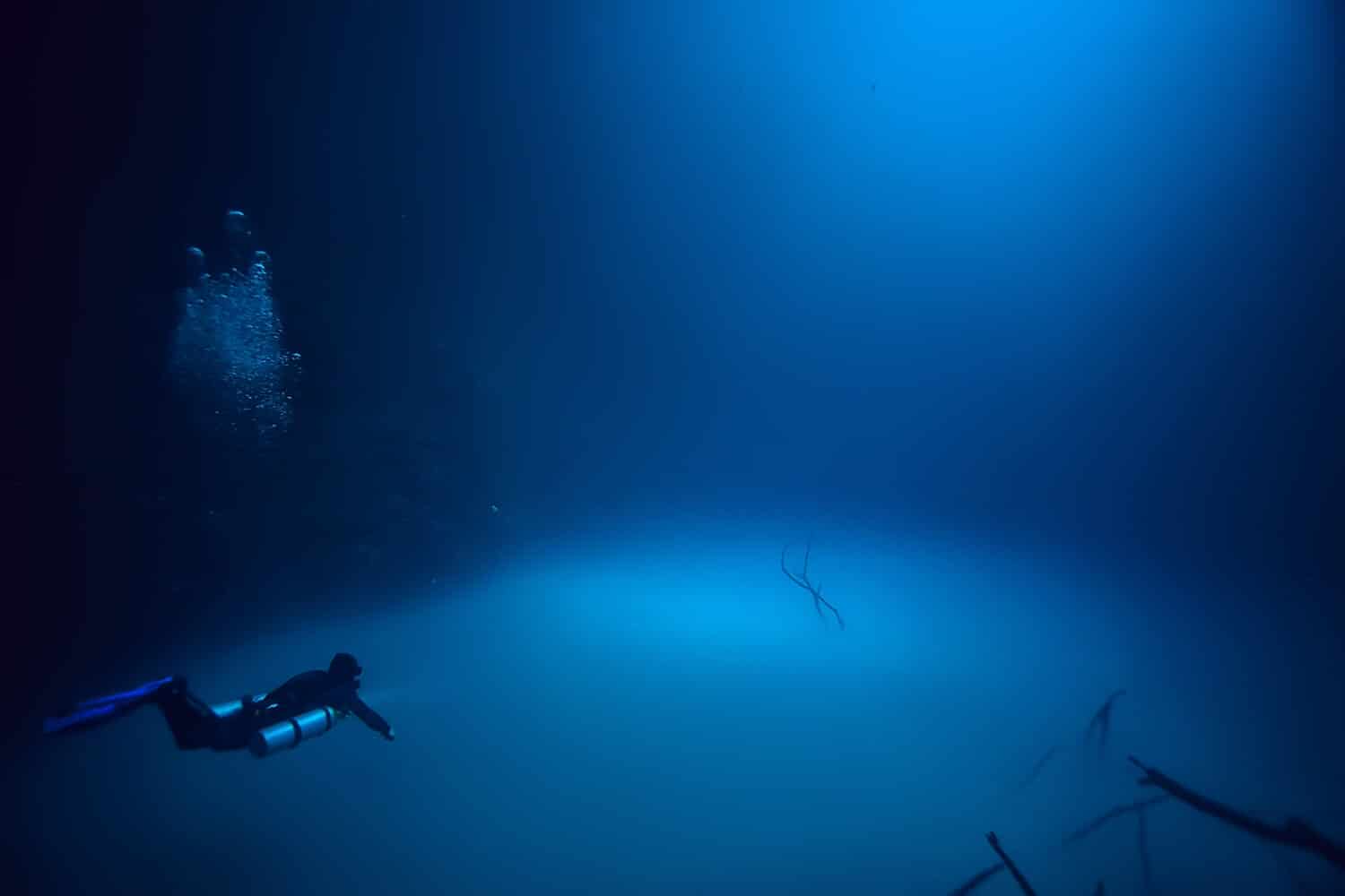 cenote angelita, mexico, cave diving, extreme adventure underwater, landscape under water fog