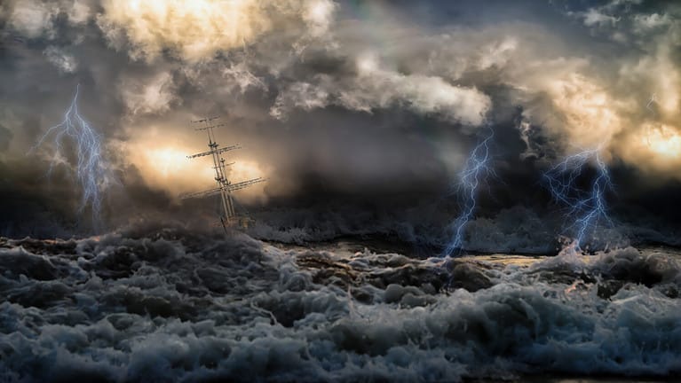 Silhouette of sailing old ship in stormy sea with lightning bolts and amazing waves and dramatic sky. Collage in the style of marine painters.