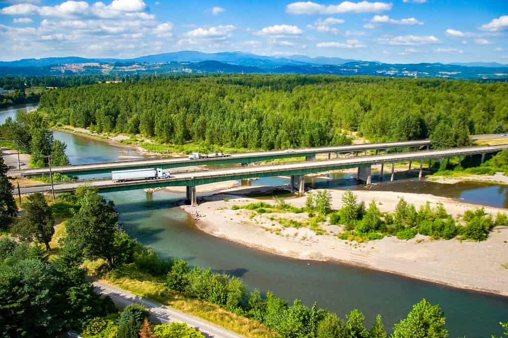Aerial photo of the Highway I-84 bridge over the Sandy river just east of Portland, Oregon