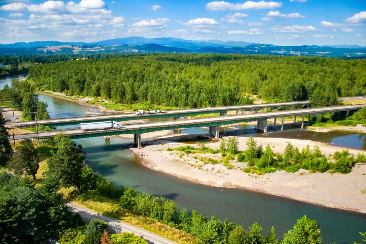 Aerial photo of the Highway I-84 bridge over the Sandy river just east of Portland, Oregon