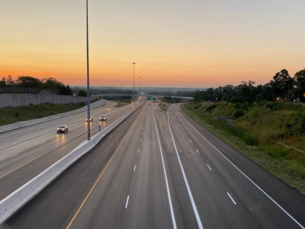 Sunrise over the I-75 I-70 highway interchange on Ohio
