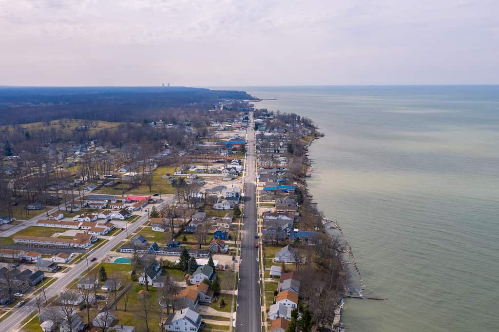 Aerial View Of Lake Erie Costal Town, Geneva On The Lake Ohio.