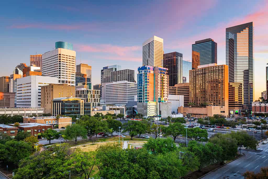 Houston, Texas, USA downtown park and skyline at twilight.