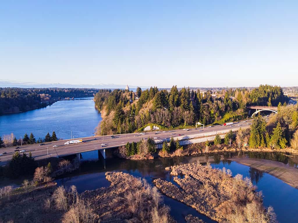 Washington State I-5 Olympia Washington Capitol Building Highway over River Clear Skies