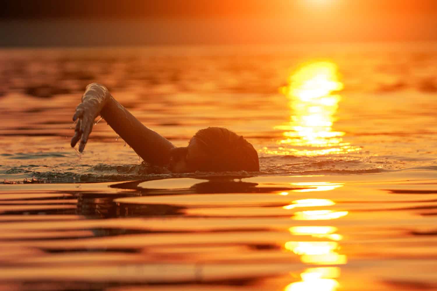 Woman swimming in sunset sunrise time.