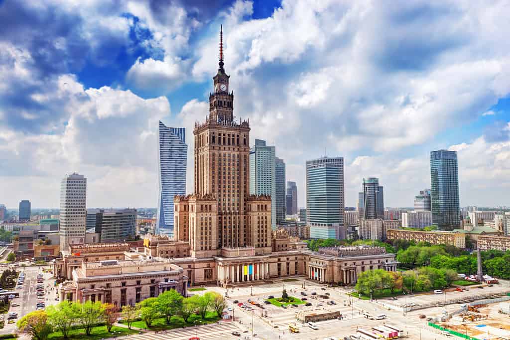 Warsaw, Poland. Aerial view Palace of Culture and Science and downtown business skyscrapers, city center.