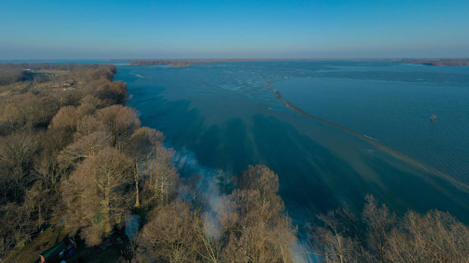 Arieal shot onto Reelfoot Lake after half of the ice melted when the Lake froze over during the winter storm in February 2021