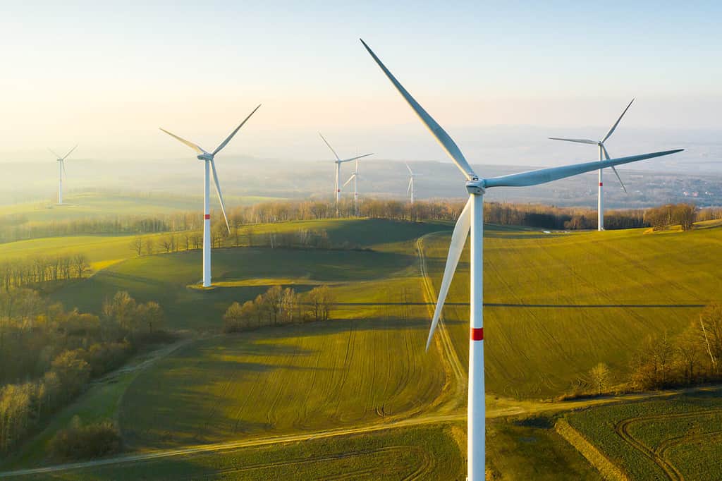 Panoramic view of wind farm or wind park, with high wind turbines for generation electricity with copy space. Green energy concept.