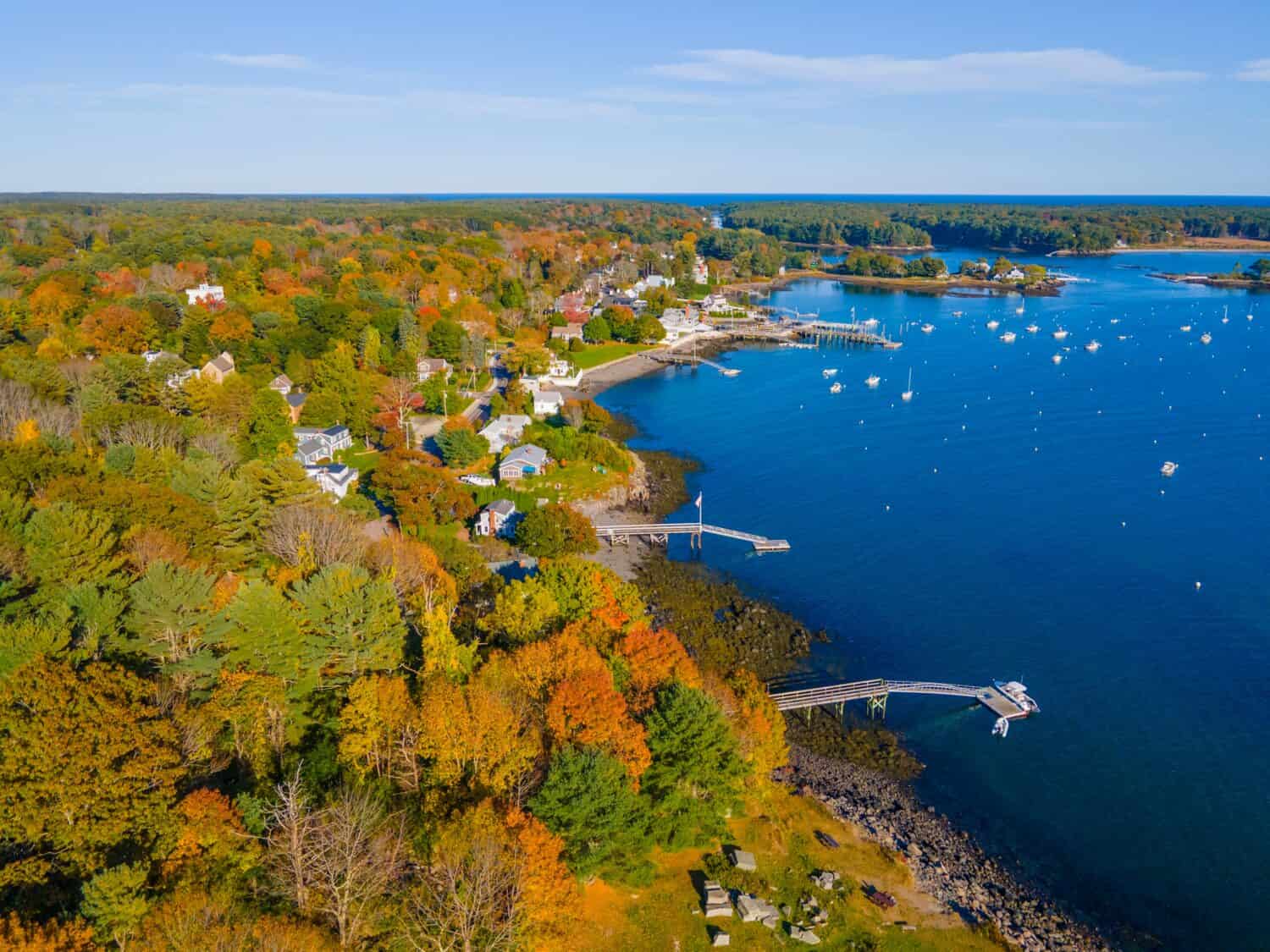 Pepperrell Cove aerial view in fall on Piscataqua River at Portsmouth Harbor in Kittery Point, town of Kittery, Maine ME, USA. 
