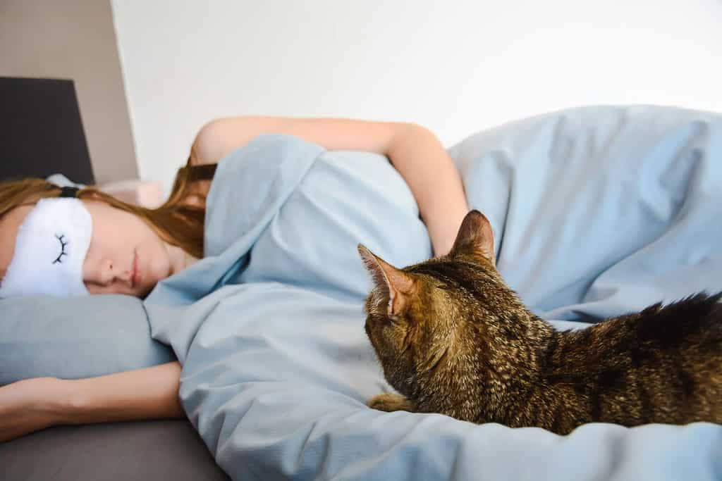 Woman with sleep mask sleeping in bed together with her cat.