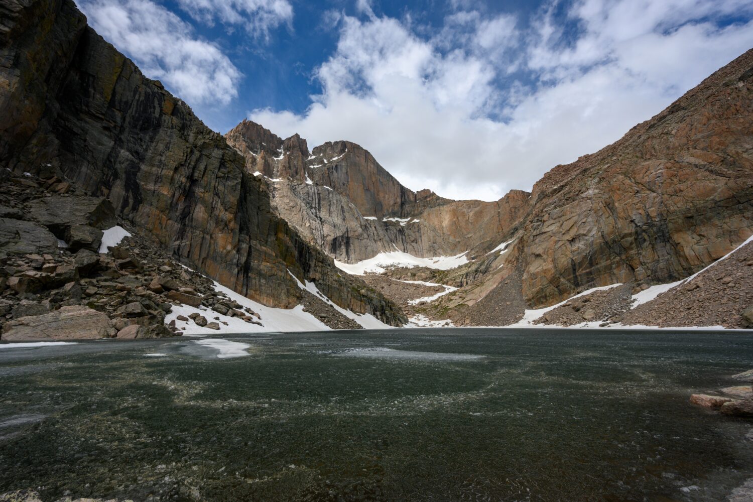 Low Angle View of Chasm Lake still frozen