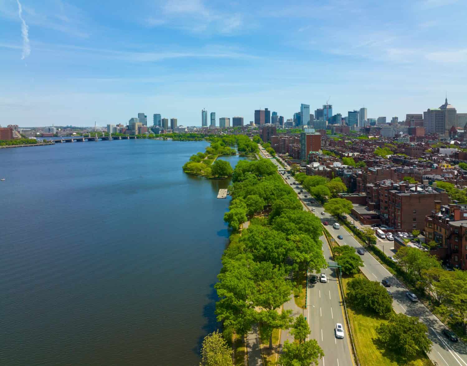 Boston financial district modern city skyline aerial view with Charles River, Beacon Hill historic district and Charles River Esplanade in Boston, Massachusetts MA, USA.