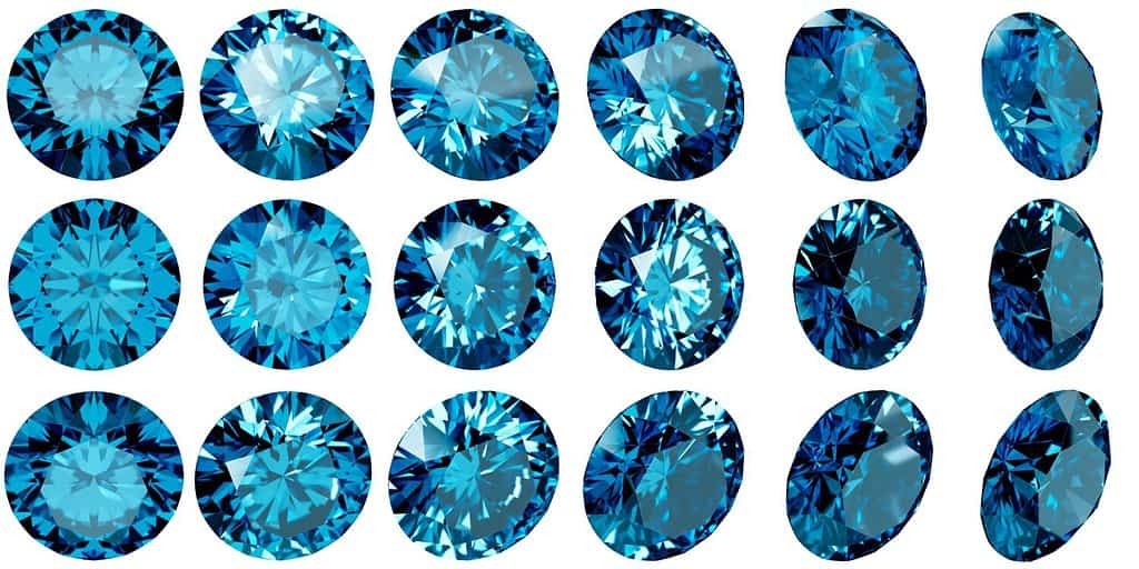 Blue diamonds topaz cut circle stone luxury, angles set isolated on white background
