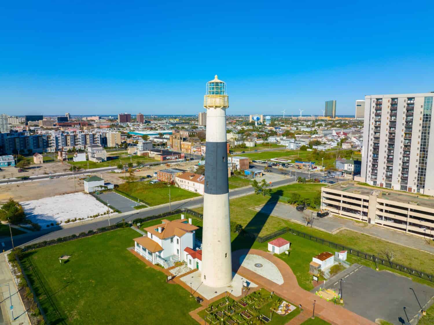 Absecon Lighthouse aerial view at the mouth of Absecon Inlet in the north end of Atlantic City, New Jersey NJ, USA. The light house was built in 1856 and is the tallest Lighthouse in New Jersey. 