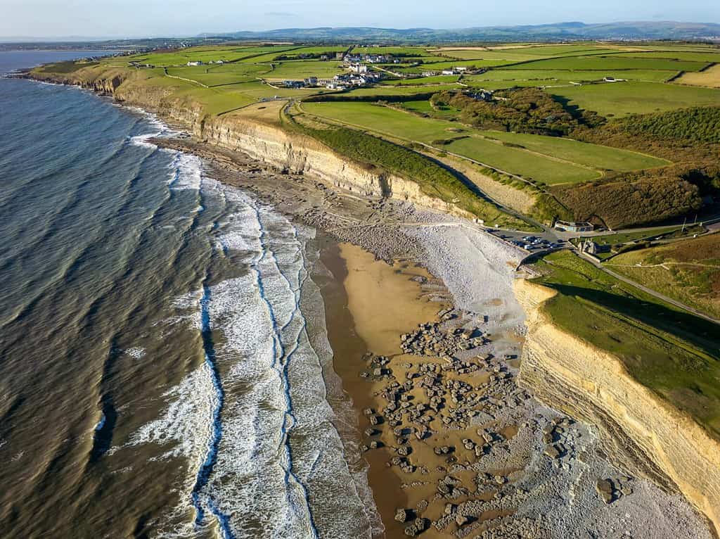 Aerial view of Southerndown and Dunraven Bay on the Bristol Channel, Vale of Glamorgan, Wales
