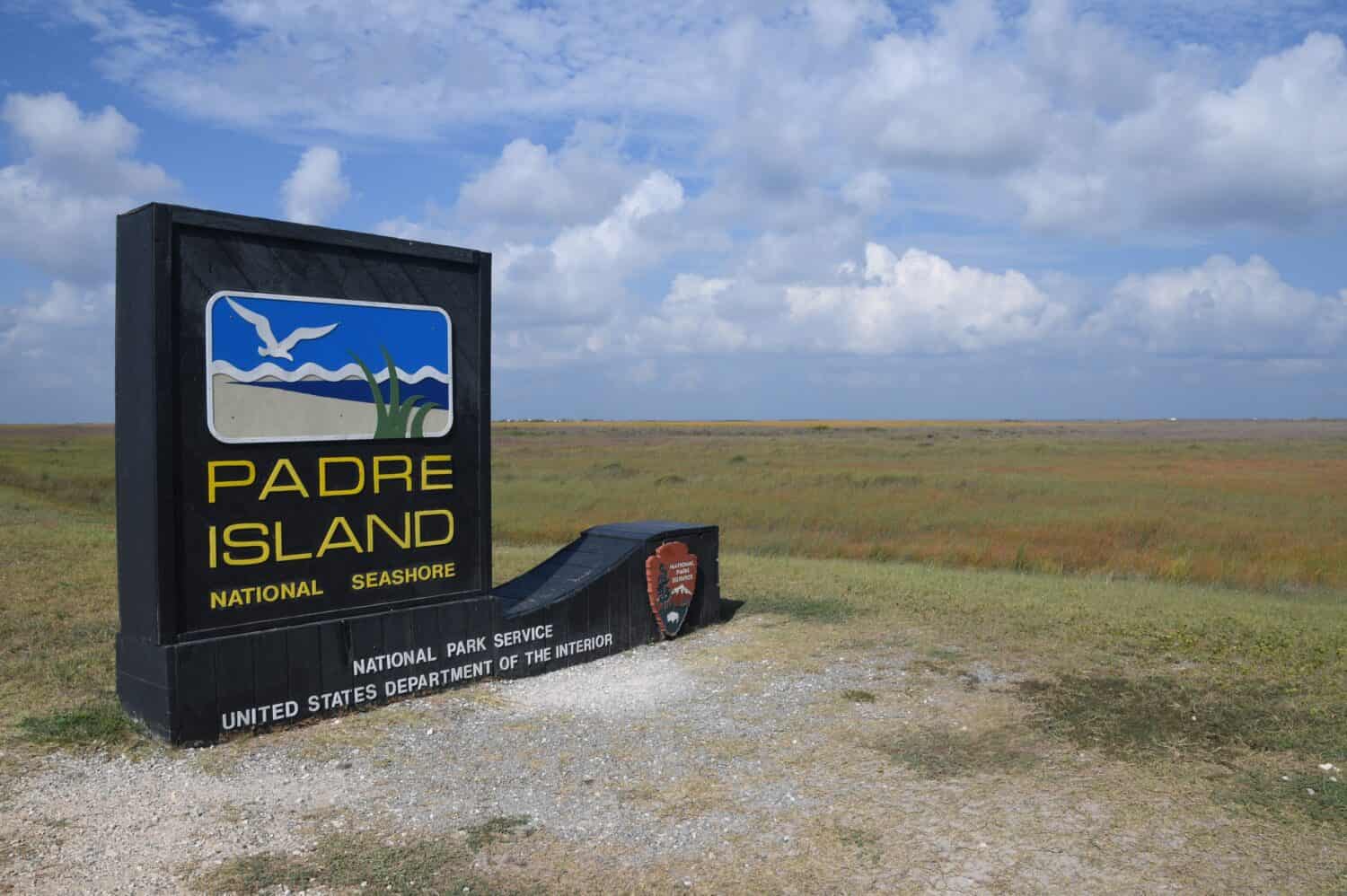 South Padre Island National Seashore sign located at the north entrance. South Padre Island, Corpus Christi, Texas