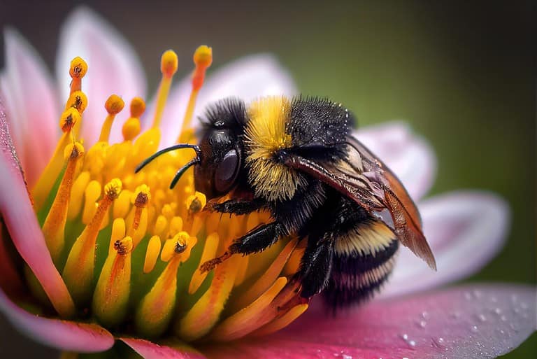 Bumblebee on a flower macro. Bumblebee collects flower nectar