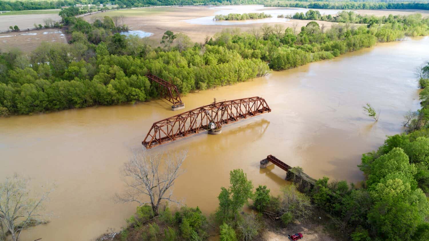 Aerial view of an abandoned railway swing bridge over the Yazoo River near Redwood, Mississippi.