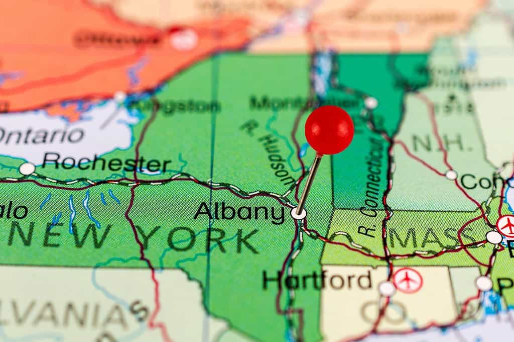 Map with red pin point of Albany in USA, New York.