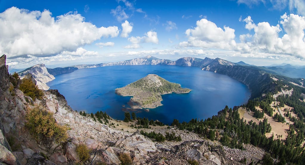 wide angle view of Crater Lake form the top of Watchman's Peak, beautiful landscape in Oregon