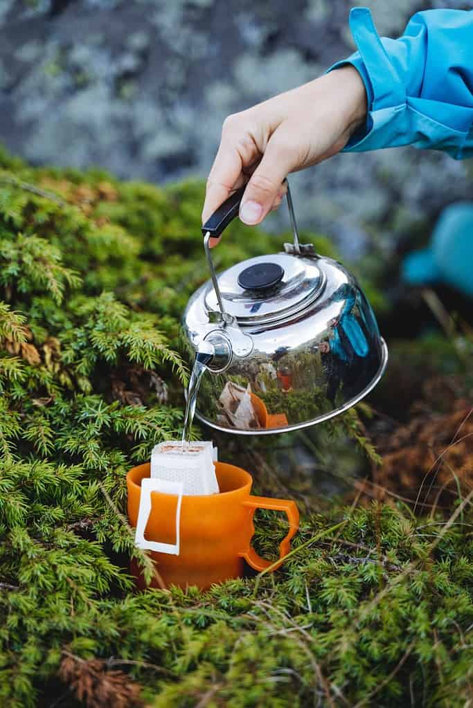 The hand holds the kettle in nature to pour boiling water into a mug, brew a coffee filter bag, an instant drink in nature, a quick preparation of breakfast. High quality photo