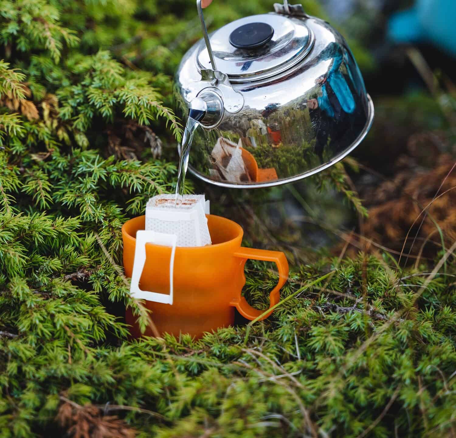 The hand holds the kettle in nature to pour boiling water into a mug, brew a coffee filter bag, an instant drink in nature, a quick preparation of breakfast. High quality photo