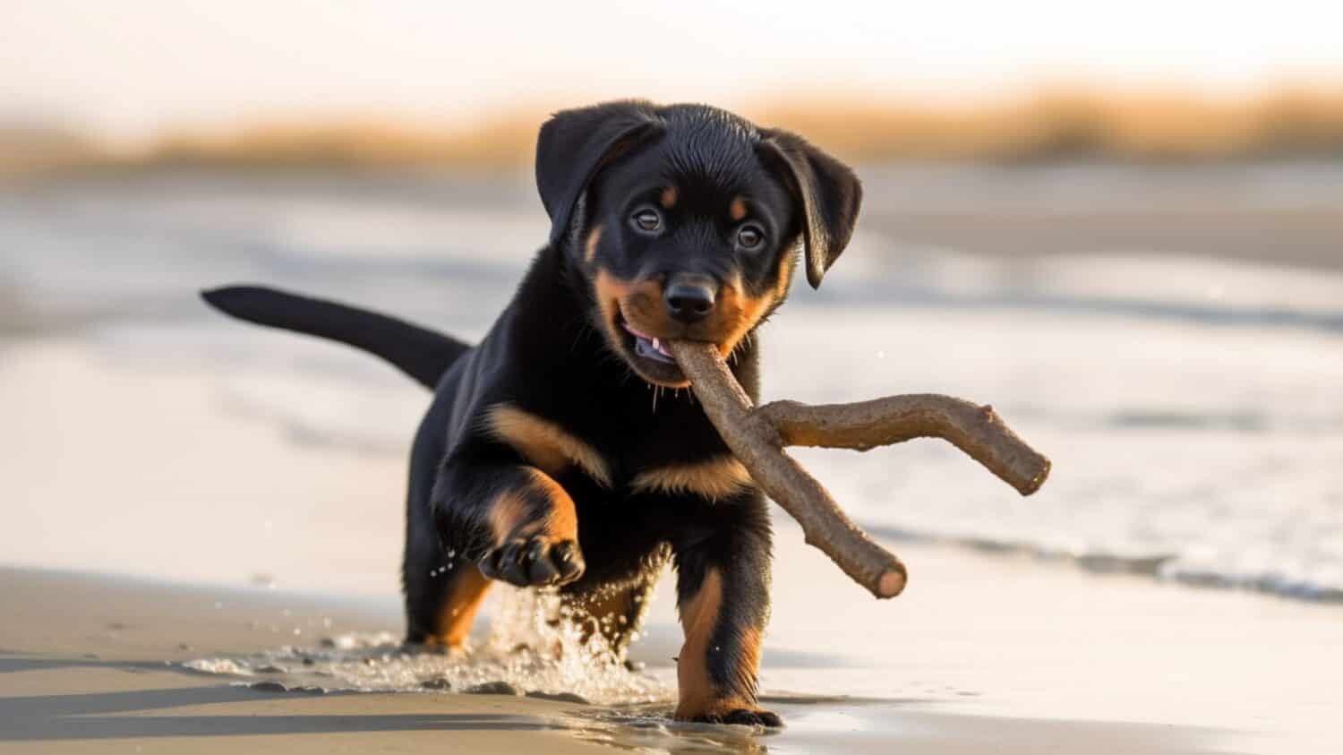 Happy rottweiler puppy running and playing on a beach at sunset. Cute little dog jumping and splashing water. Sand play.