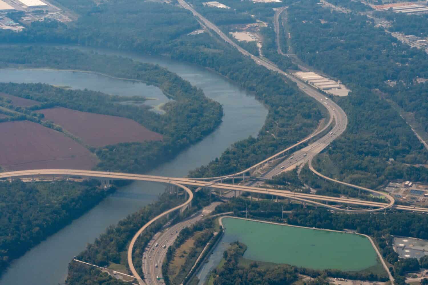 Richmond, Virginia, USA - Aerial view of the James River, I-95 and the Vietnam Veterans Bridge on Pocahontas Parkway I-895 in Chesterfield County south of Richmond.