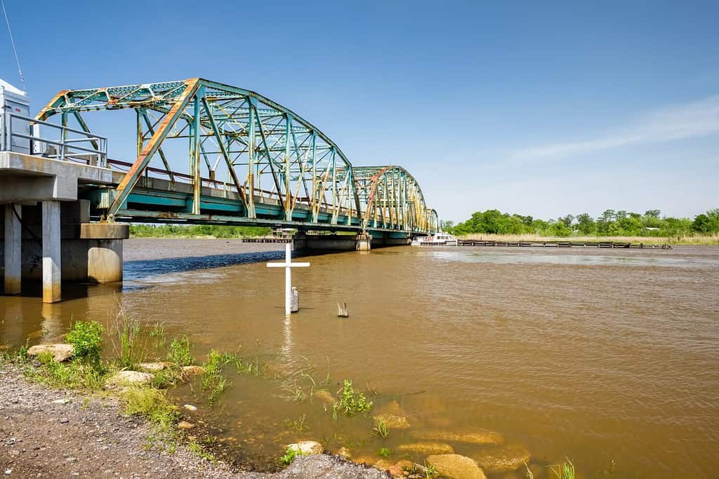 Vintage Highway 90 truss bridge in rural Louisiana