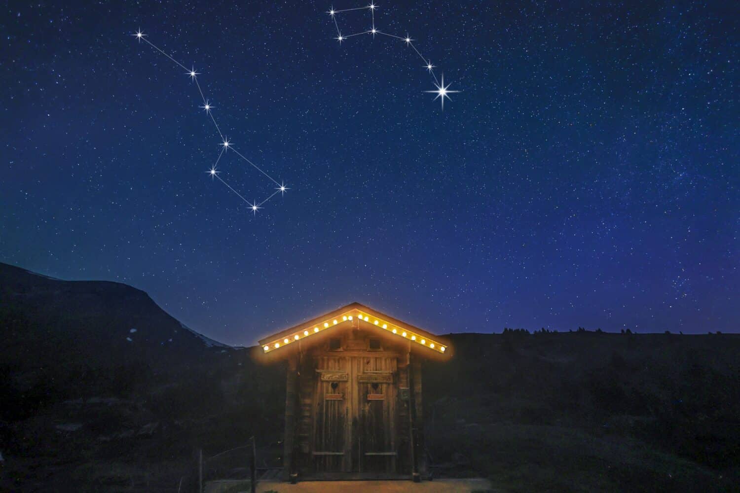 A real night scene on a mountain hut with starry sky showing constellation of great bear and little bear and the North Star