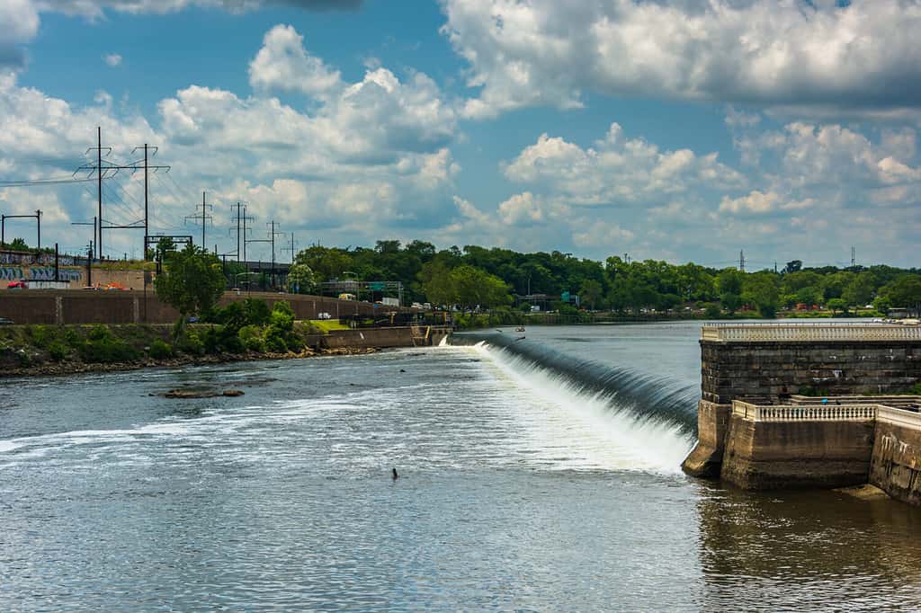 Dam on the Schuylkill River, seen from Fairmount Park in Philadelphia, Pennsylvania.