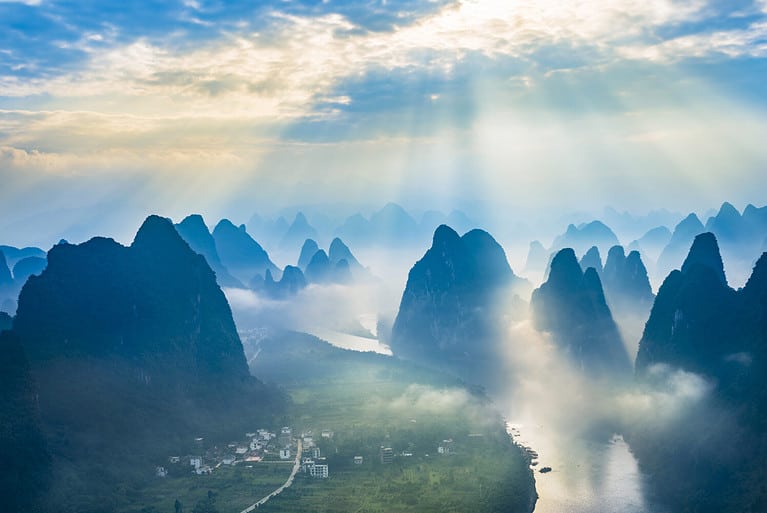 Landscape of Guilin, Li River and Karst mountains. Located near The Ancient Town of Xingping, Yangshuo County, Guangxi Province, China.