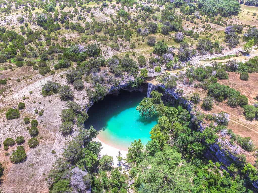 Beautiful Aerial View of Hamilton Pool Swimming Hole Tourist Attraction in Dripping Springs near Austin Texas