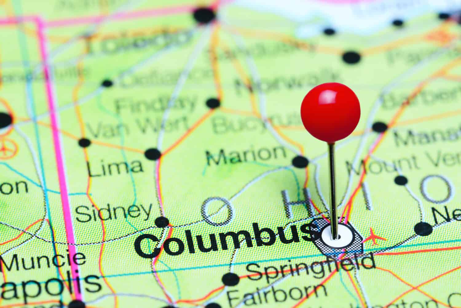 Columbus pinned on a map of Ohio, USA
