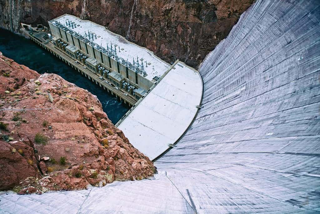 Detail view of the Hoover dam - the bottom side. Rocks and concrete. Energy issue. Monumental building.
