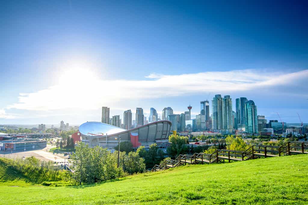 Beautiful Calgary city skyline from scotsman’s hill on a sunny day, Canada