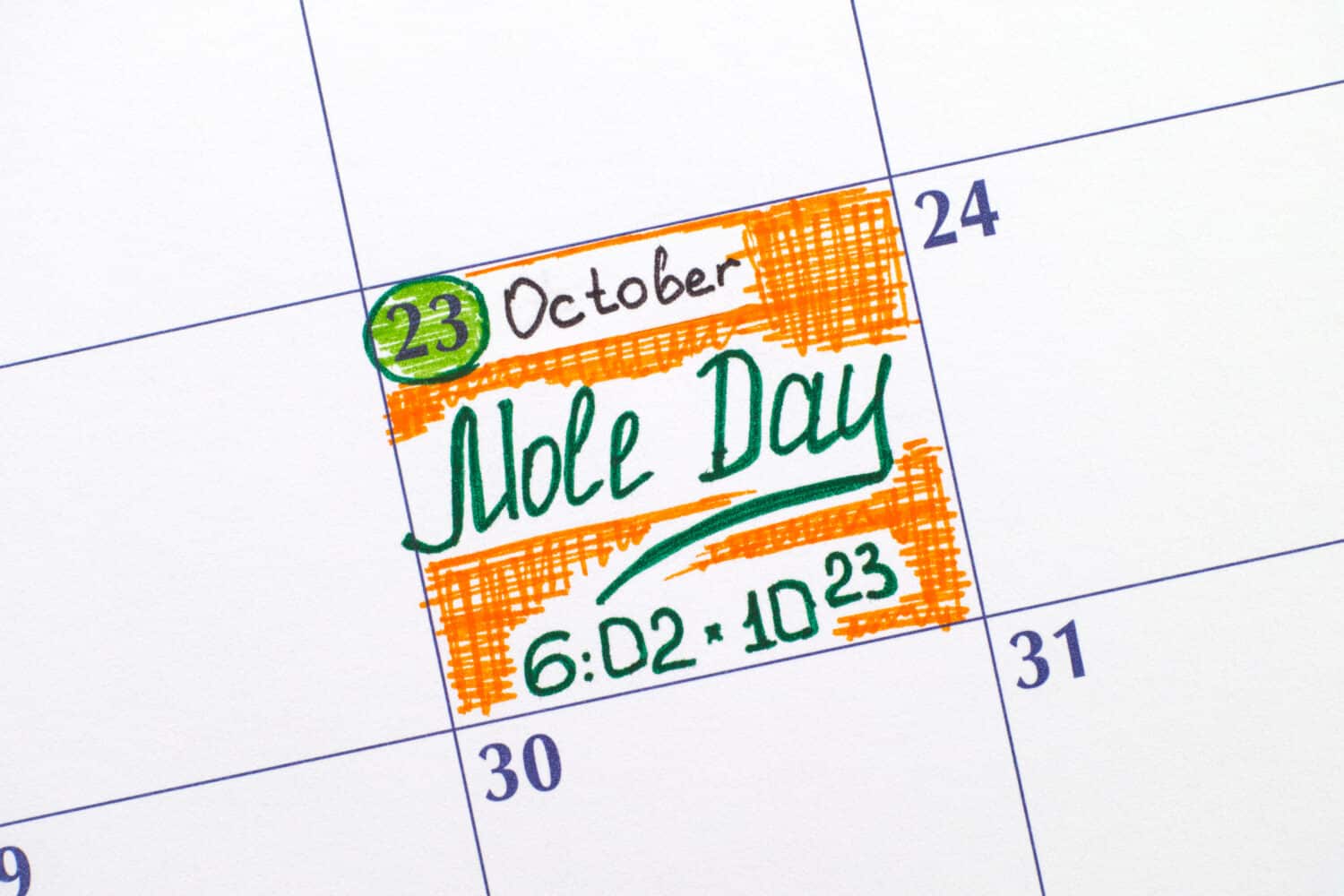 Reminder Mole Day in calendar. Mole Day is an unofficial holiday celebrated among chemists on October 23, between 6-02 AM and 6-02 PM. The time and date are derived from Avogadros number.