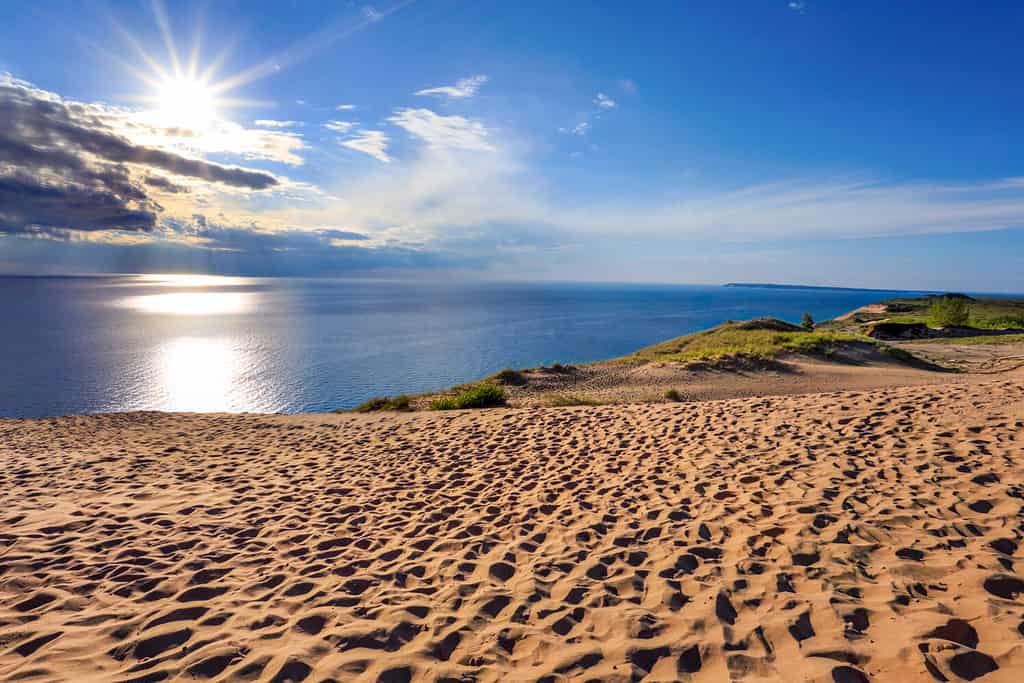 Late afternoon skies and a wide seascape expanse, The Lake Michigan Overlook at the Sleeping Bear Dunes National Lakeshore, Lower Peninsula, Michigan, USA