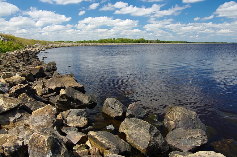 Rocky Shoreline: Large boulders help to form a side of Petenwell Lake in central Wisconsin.